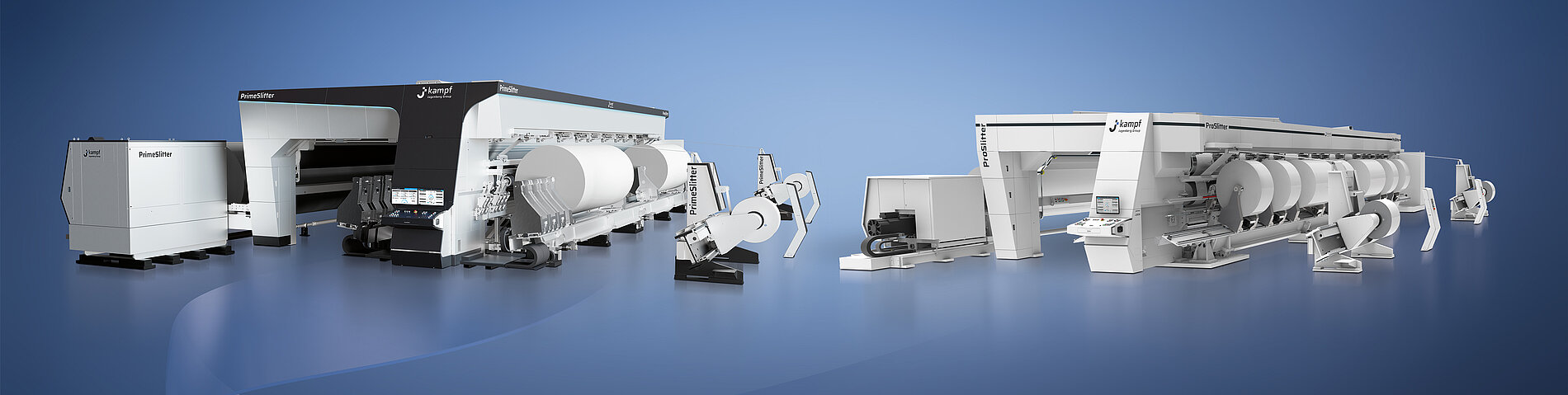Modern PrimeSlitter slitter from Kampf for cutting and rewinding flexible film rolls